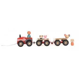 Houten tractor met 2 aanhangers  met boerderijdieren van Egmont Toys.