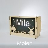 Houten BOX lamp Molen met naam / Het Houtlokael_